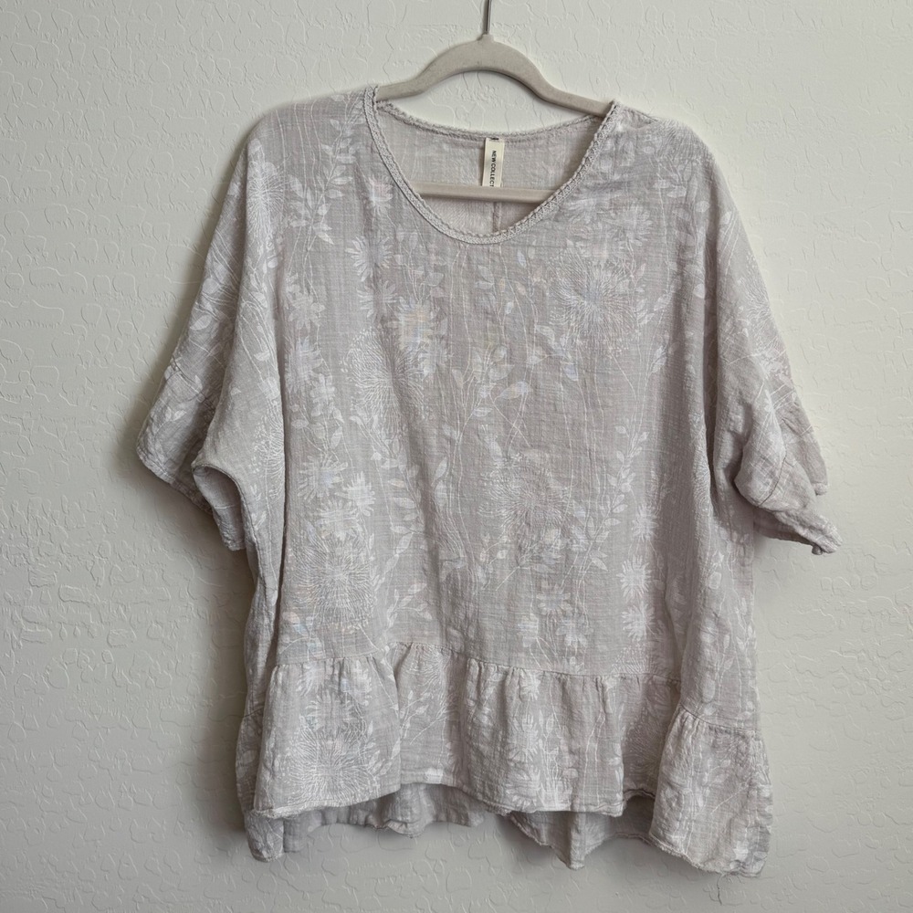 New‎ Collection Italy Cotton Gauze Floral Ruffle Top Beige Oversized Cottagecore
